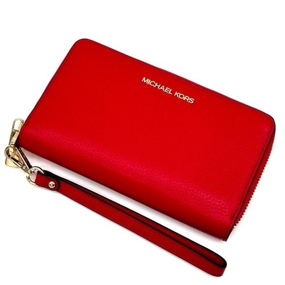 Michael Kors JST LG Flat MF Phone Case Wallet Red/Gold - Picture 1 of 9